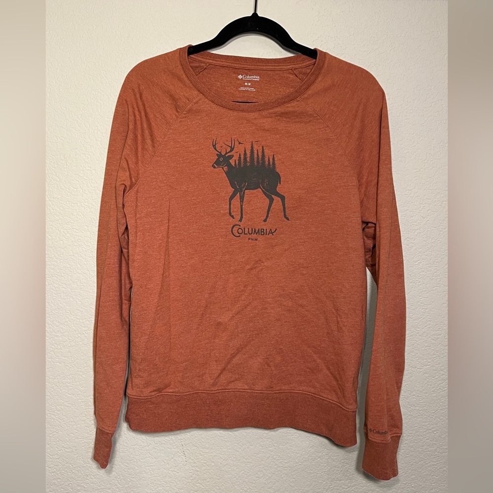 Columbia | Crewneck Burnt Orange Red Sweatshirt Deer Trees Forest Graphic Unisex